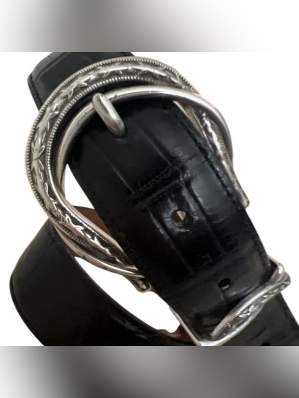 Brighton Womens Belt Black Croc Embossed Leather w Silver Barb Wire Buckle L 34